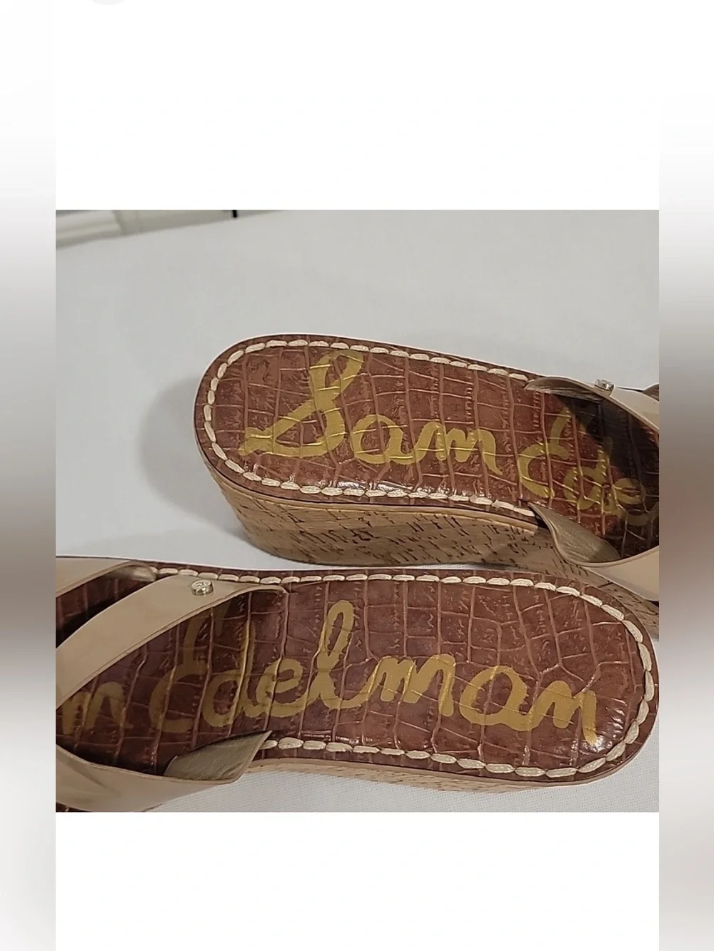 SAM EDELMAN Nude Raynere Patent Leather Cork Wedge Slip On Sandals
